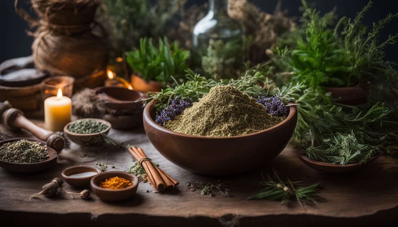 A photo of a bowl filled with various dried herbs and plants, surrounded by candles and a mortar and pestle.