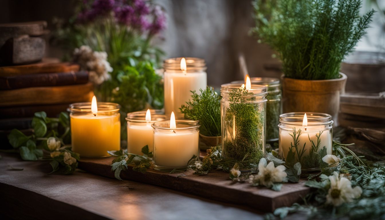 A collection of herbal candles surrounded by fresh herbs and flowers, featuring people of different ethnicities, hairstyles, and outfits.