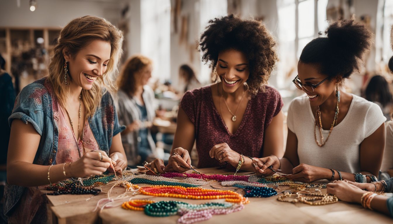 A diverse group of women happily crafting beaded bracelets together.