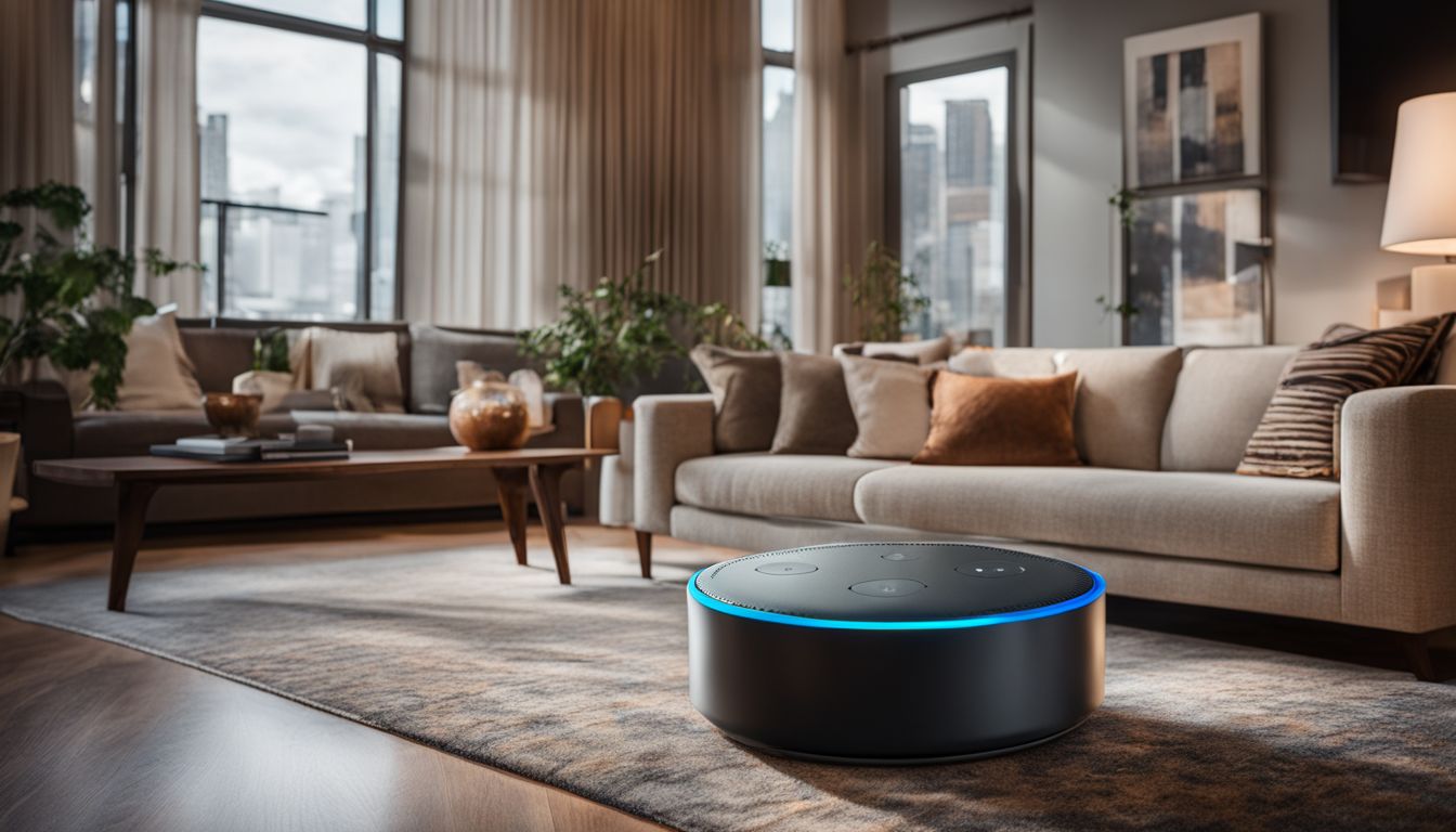A photo of a modern living room with an Amazon Echo on a sleek coffee table, featuring diverse people and cityscape photography.