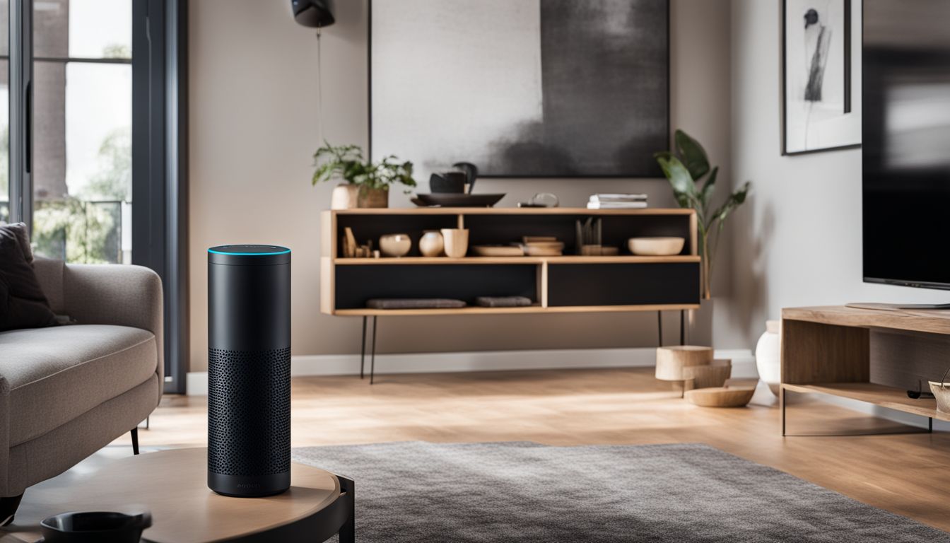 A modern living room featuring the Amazon Echo Studio, with various cityscape photos and people with different styles and outfits.
