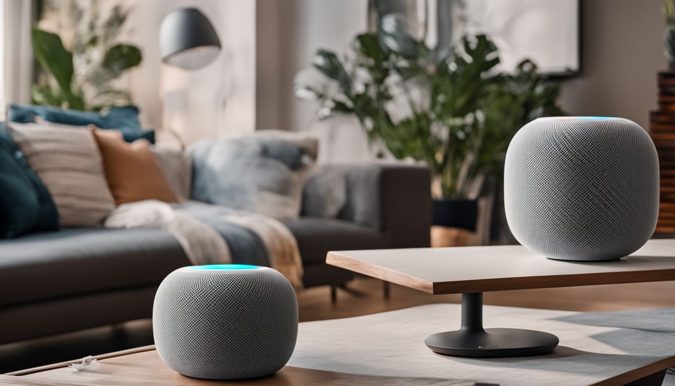A second generation Apple HomePod in a modern living room surrounded by various smart home devices and accessories.
