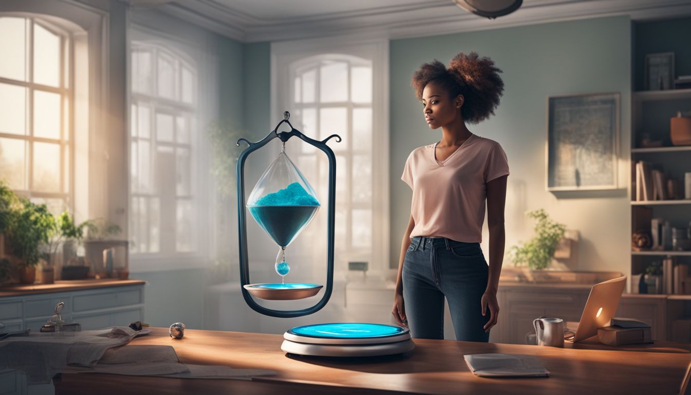 An illustration of a person weighing the pros and cons of smart home technology between two scales.