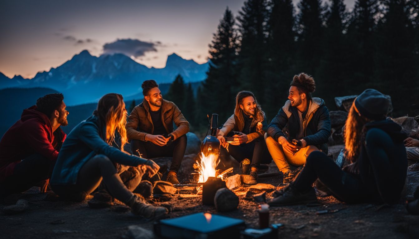 A diverse group of friends gathers around a campfire with the Bluetti AC200 Portable Solar Power Station.
