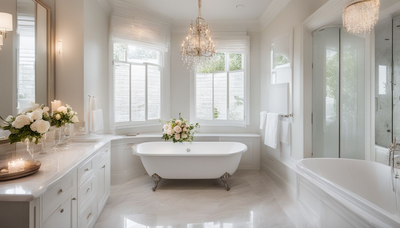A bright, elegant bathroom with varied people, styles, and a bouquet.