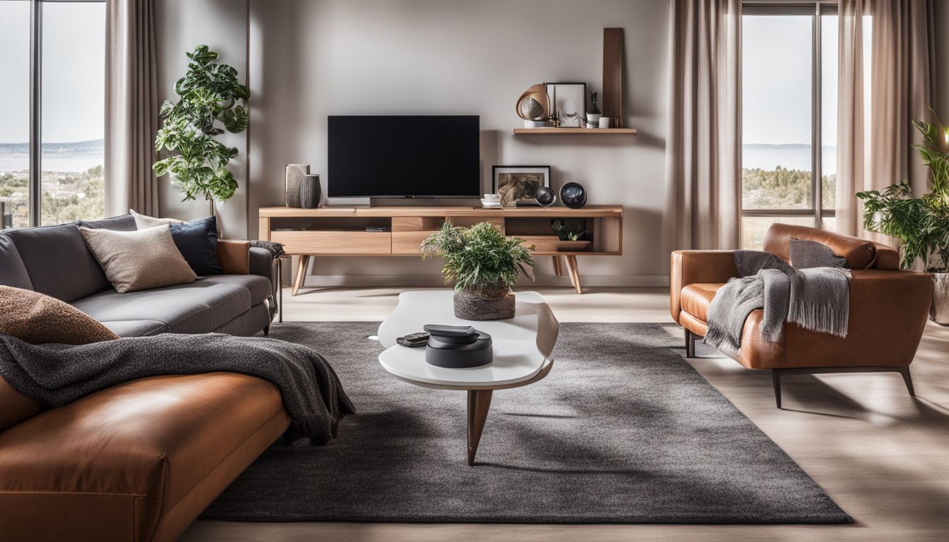 A modern living room with smart home gadgets seamlessly integrated into the decor, showcasing different people, styles, and a bustling atmosphere.