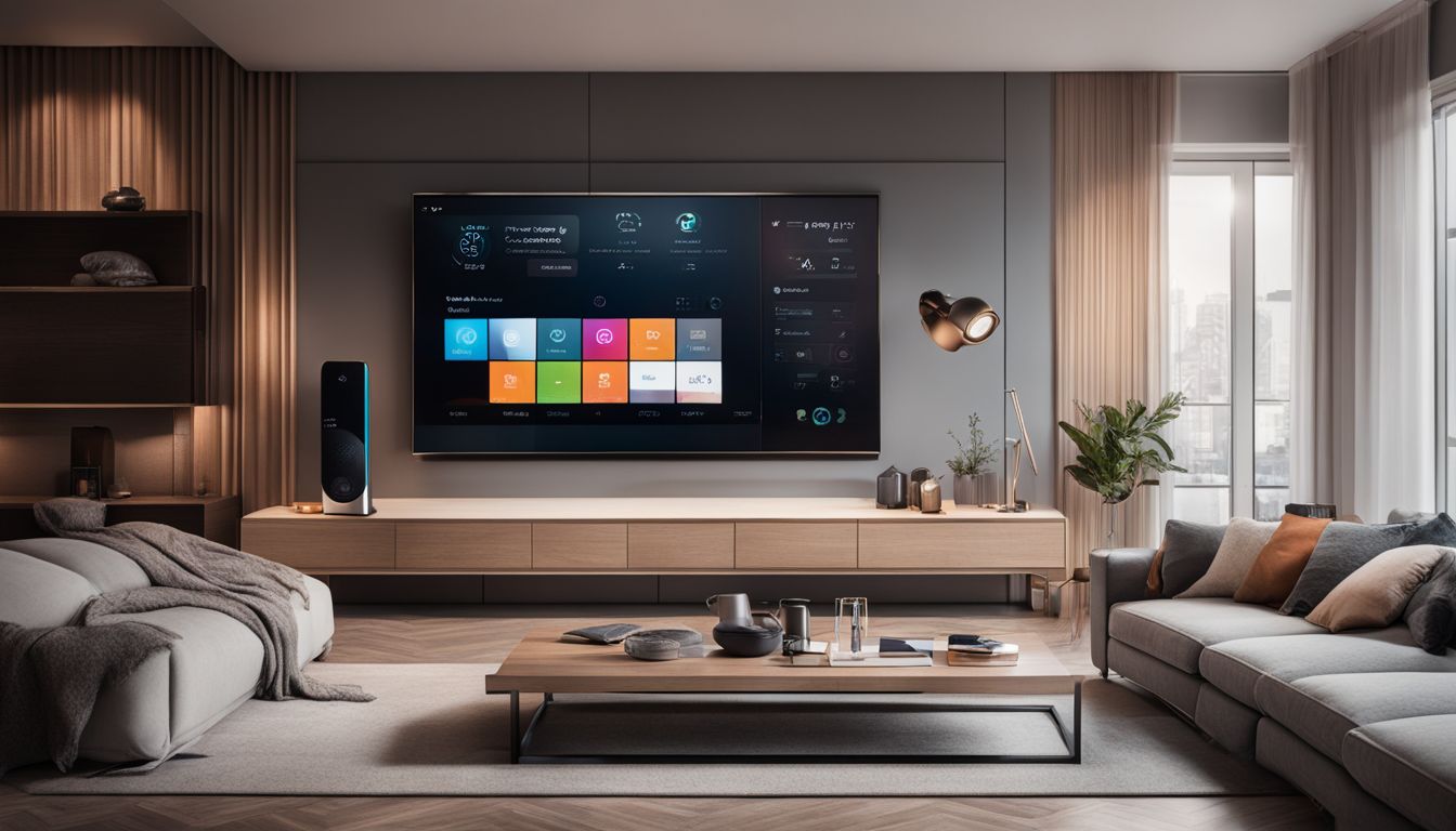 A photo of a modern apartment with smart home gadgets being controlled by a voice assistant.