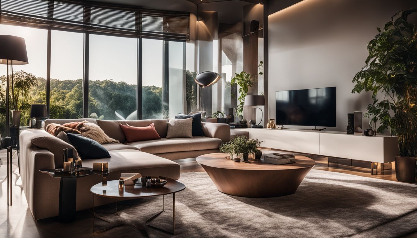 An elegantly decorated living room with smart home devices and futuristic technology, showcasing a bustling atmosphere and diverse individuals.