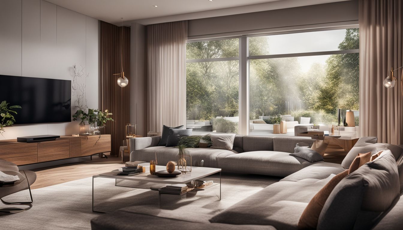 A modern living room with smart home devices showcasing convenience and energy efficiency.
