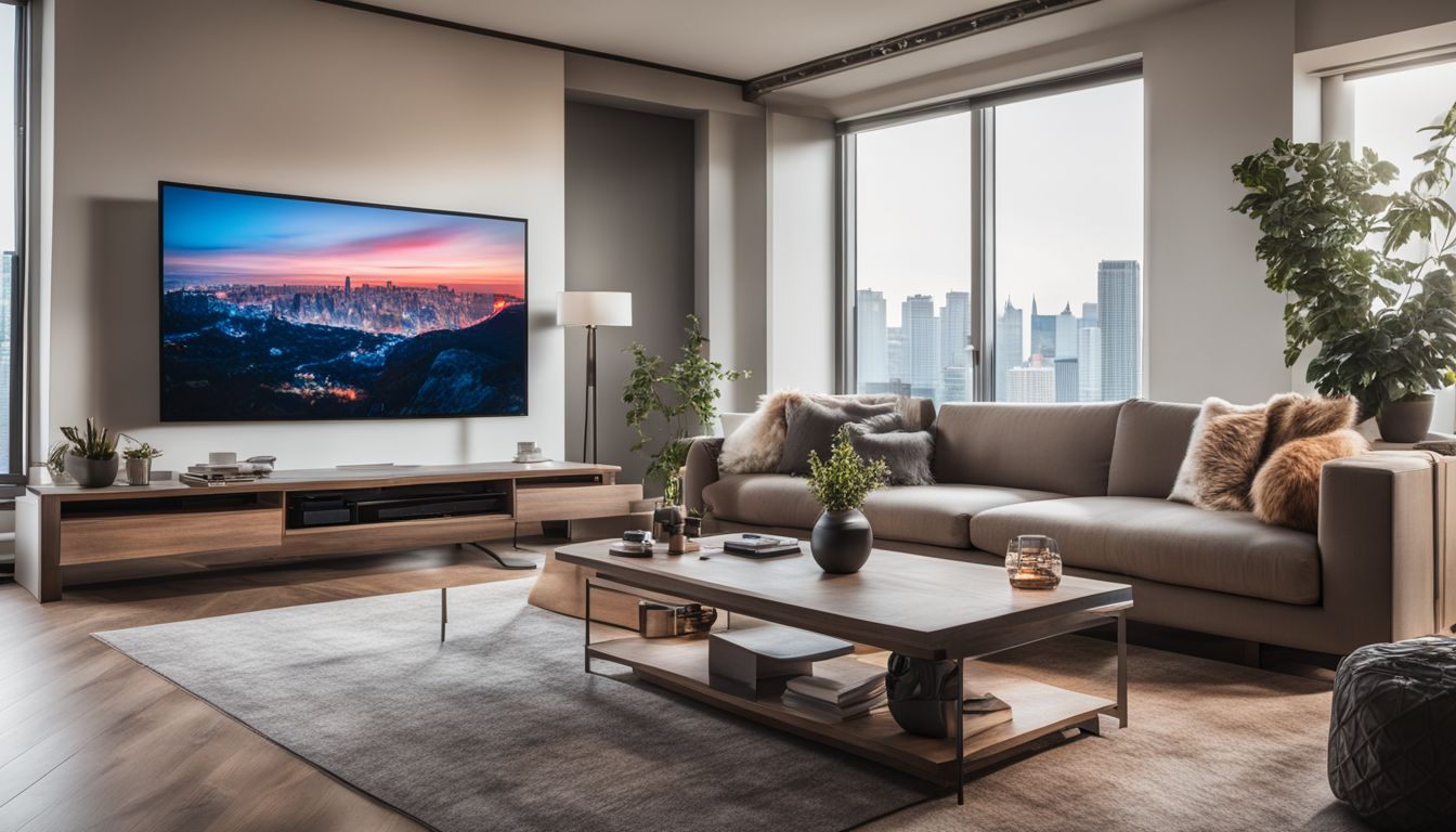 A modern living room with smart home devices, featuring people of different ethnicities and outfits.