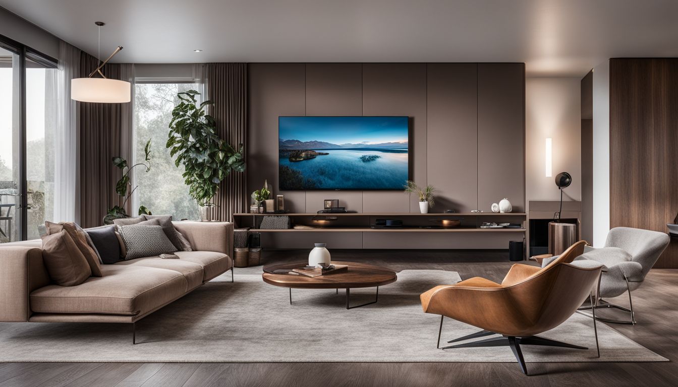 The image shows a modern living room with a smart outlet in the wall, and various people with different styles and outfits.
