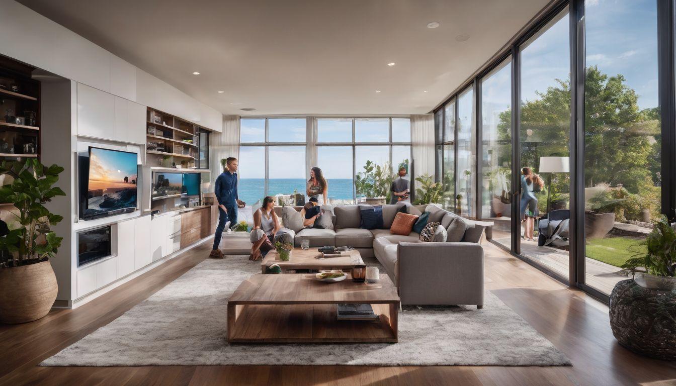 A diverse group of people gathered around a smart home control panel in a modern interior setting.
