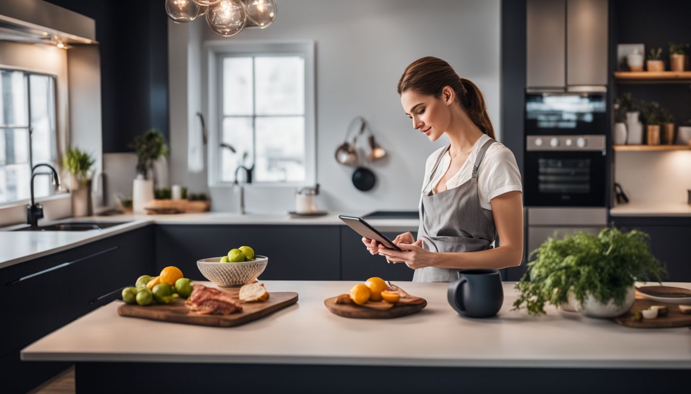 A modern kitchen with smart appliances being controlled by a person using a tablet.