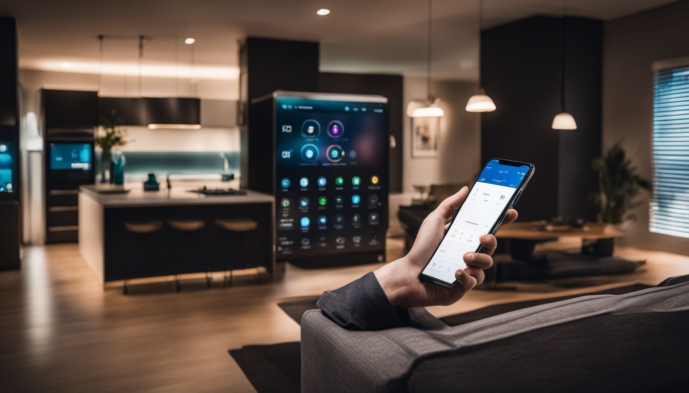 A smart home system controlled by a smartphone app, featuring different people and devices, captured with high-quality cameras.