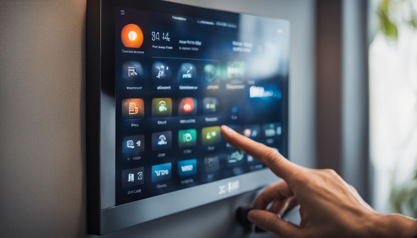 A photo of a Caucasian hand adjusting settings on a smart home control panel with detailed features.