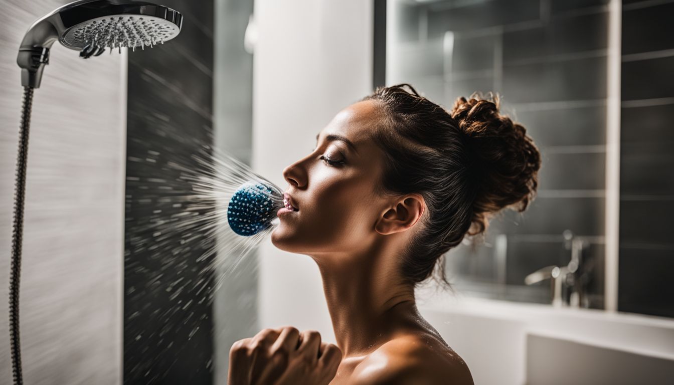 A photo depicting a clean shower head being scrubbed.