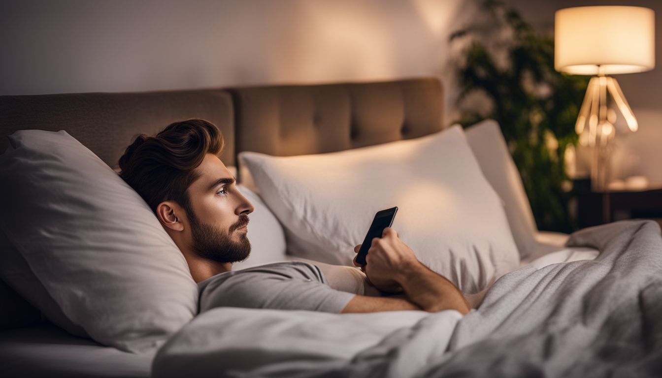 A caucasian person controls various smart home devices from their bed using their smartphone.