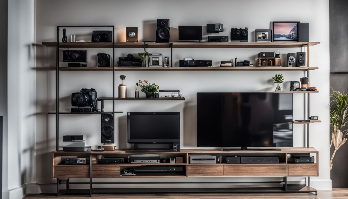 A sleek display of various entertainment and home automation gadgets in a modern living room.