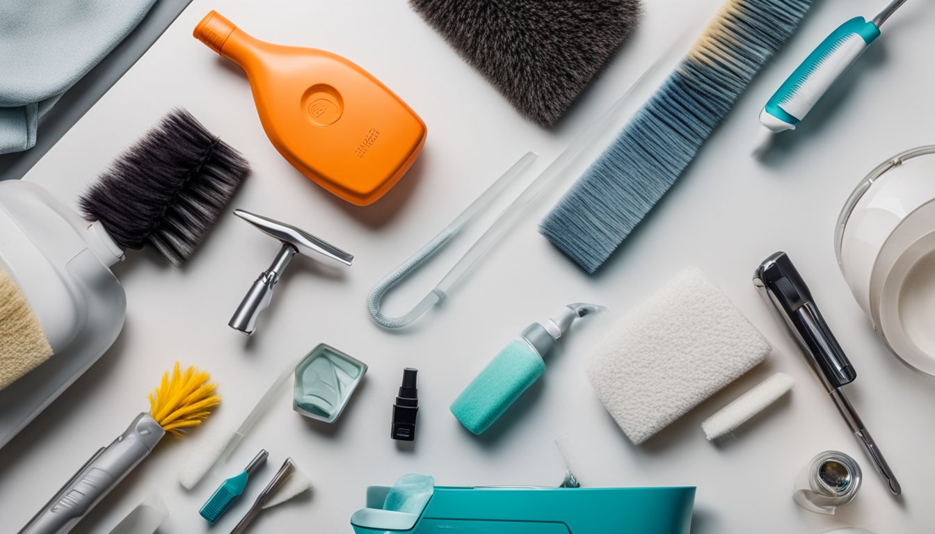A selection of cleaning tools neatly arranged on a countertop.
