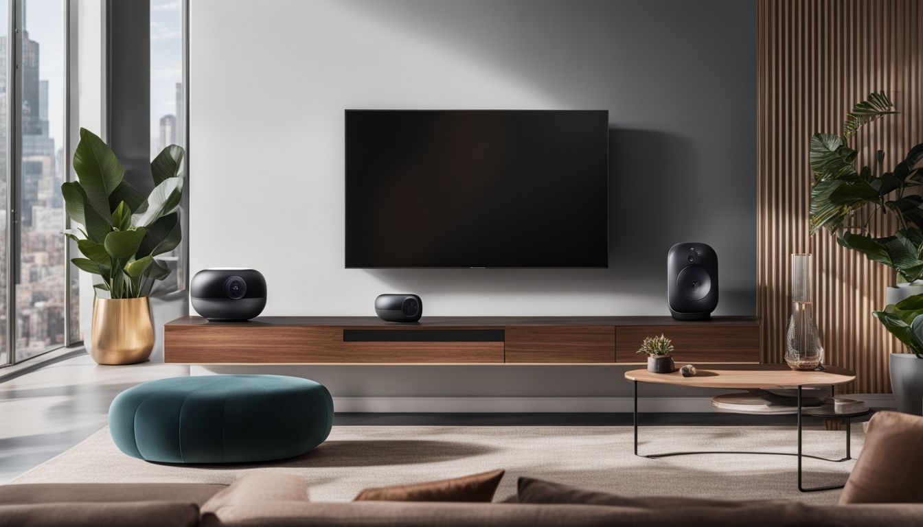 A stylish living room with a Google Nest Audio on a modern shelf, featuring diverse people and photography.