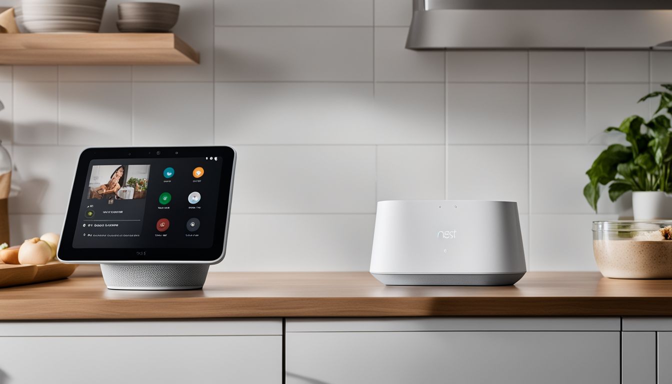 The Google Nest Hub is shown in a modern kitchen, displaying a home control interface with different faces and styles.