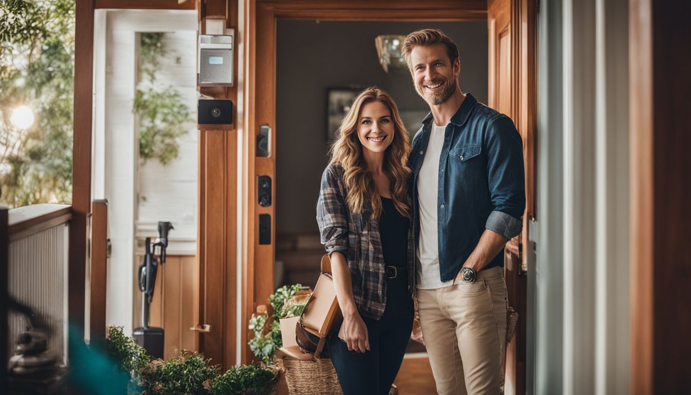 A Caucasian couple poses by their front door with various home security gadgets, smiling and looking happy.