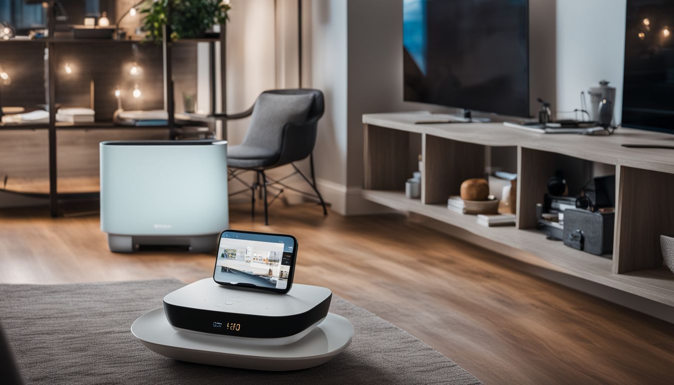 A modern living room with a smart home hub, surrounded by various smart devices and featuring cityscape photography and diverse faces.