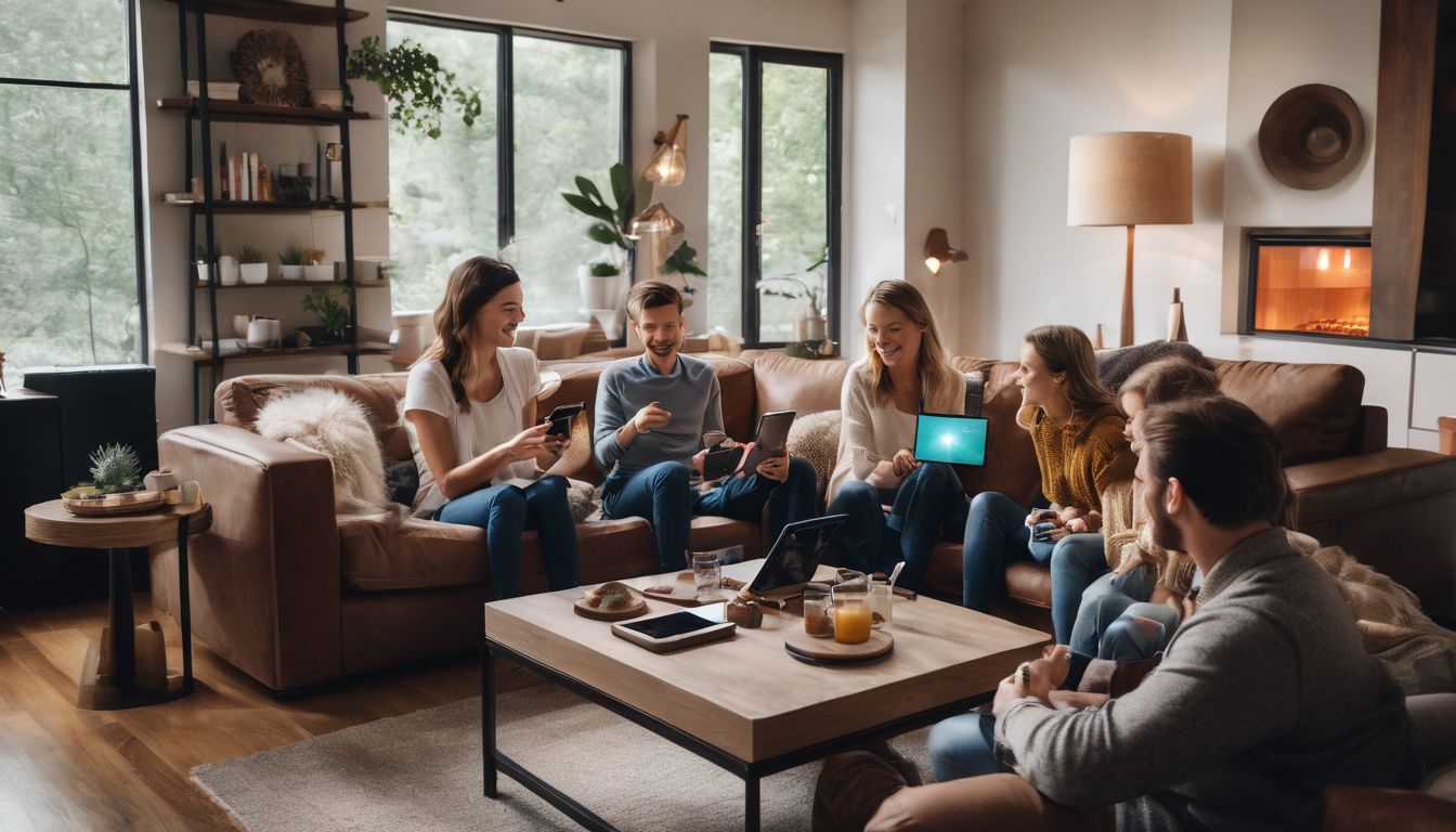 A Caucasian family sitting on a couch surrounded by smart home gadgets, captured in a well-lit and lively atmosphere.