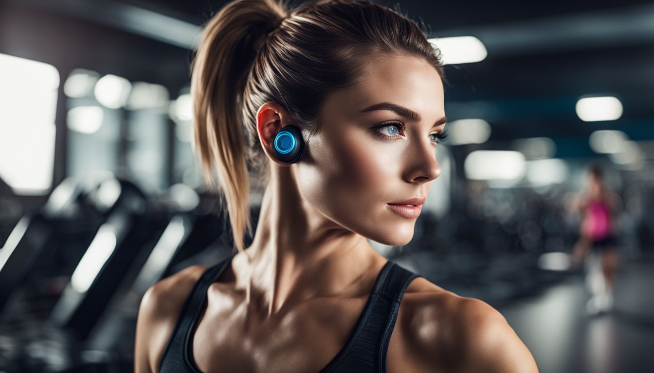 A Caucasian woman in a modern gym wearing wireless earbuds while exercising, with detailed features and different outfits.