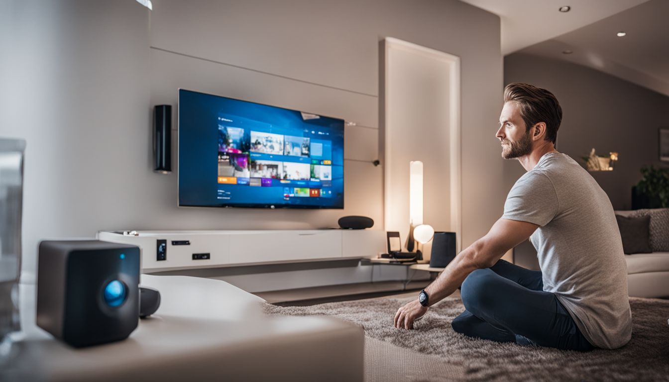 A technician installs smart home devices in a modern living room, showcasing different faces, hair styles, and outfits.
