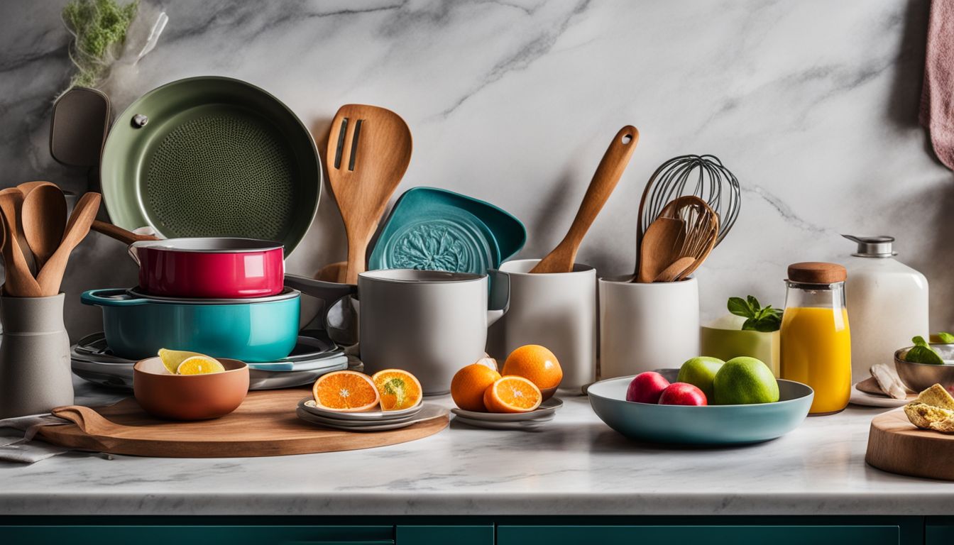 A vibrant arrangement of kitchen gadgets and utensils on a marble countertop, showcasing diversity in appearance and style.
