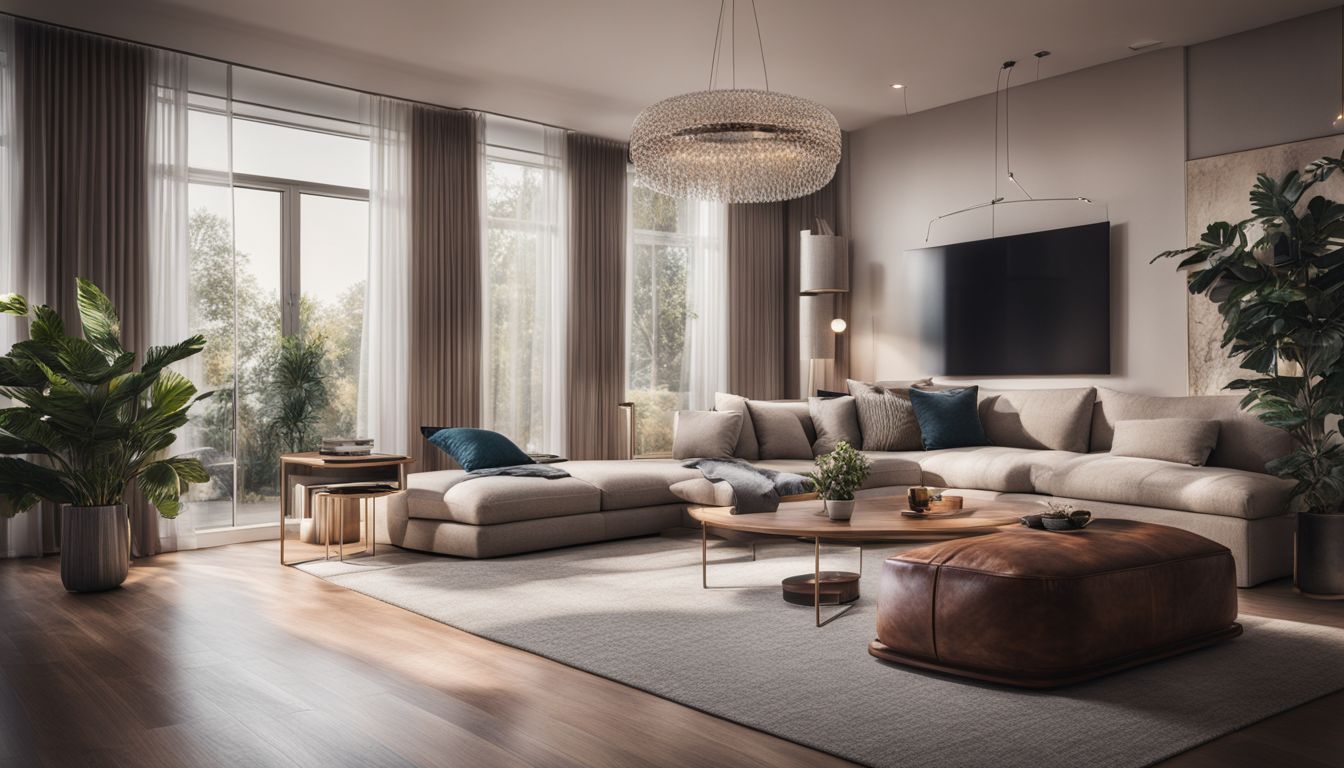 A modern living room with smart home gadgets seamlessly integrated into the decor, featuring people of various ethnicities and styles.