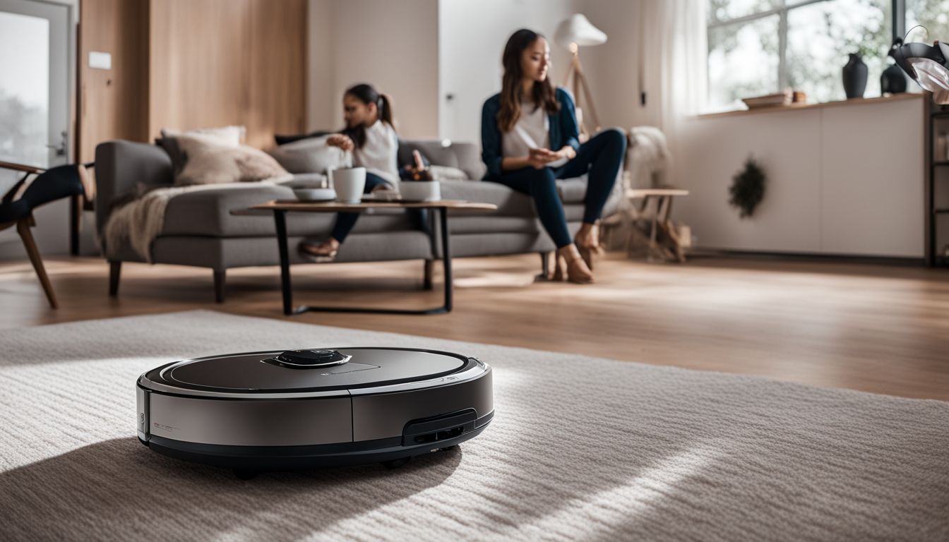 A person using the Roborock robot vacuum cleaner in a clean and tidy living space, with various people and styles.