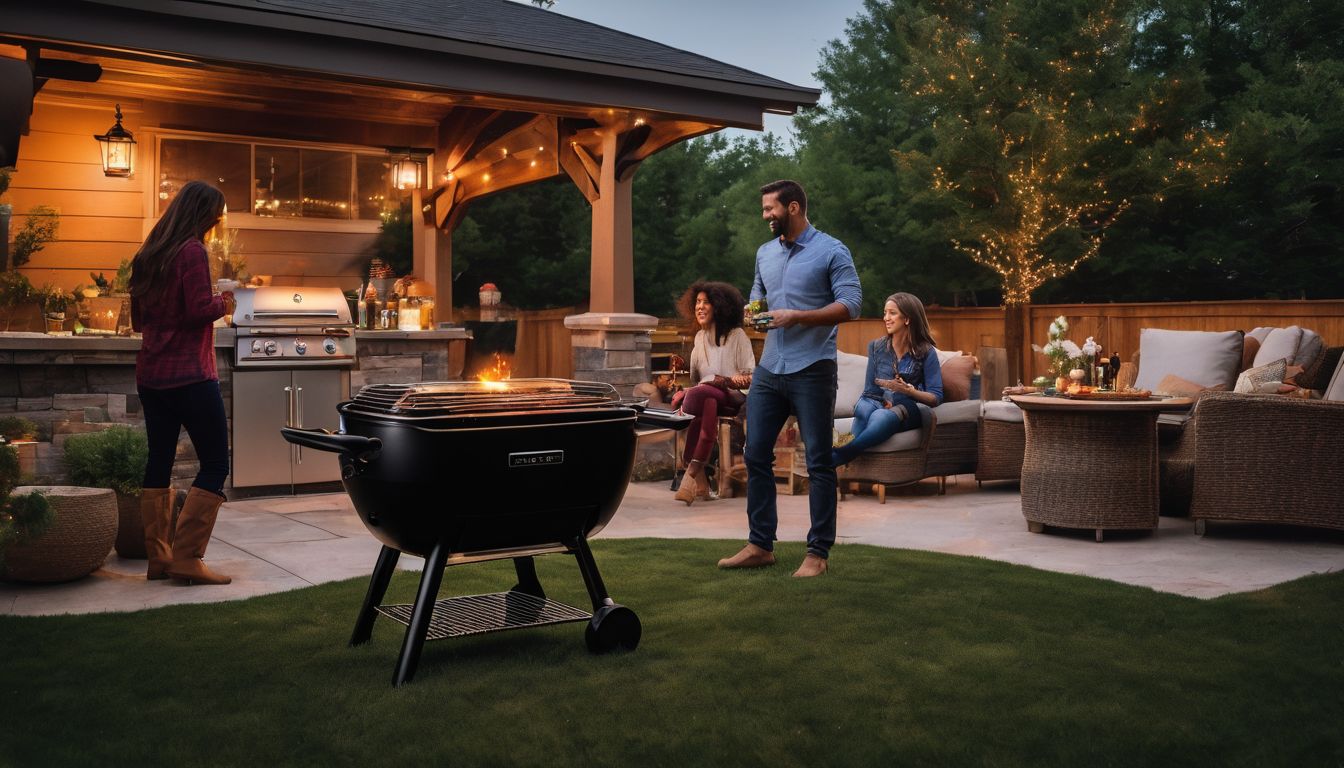 A diverse family enjoys a backyard barbecue with the Traeger Ironwood 650 and Philips Hue lights.