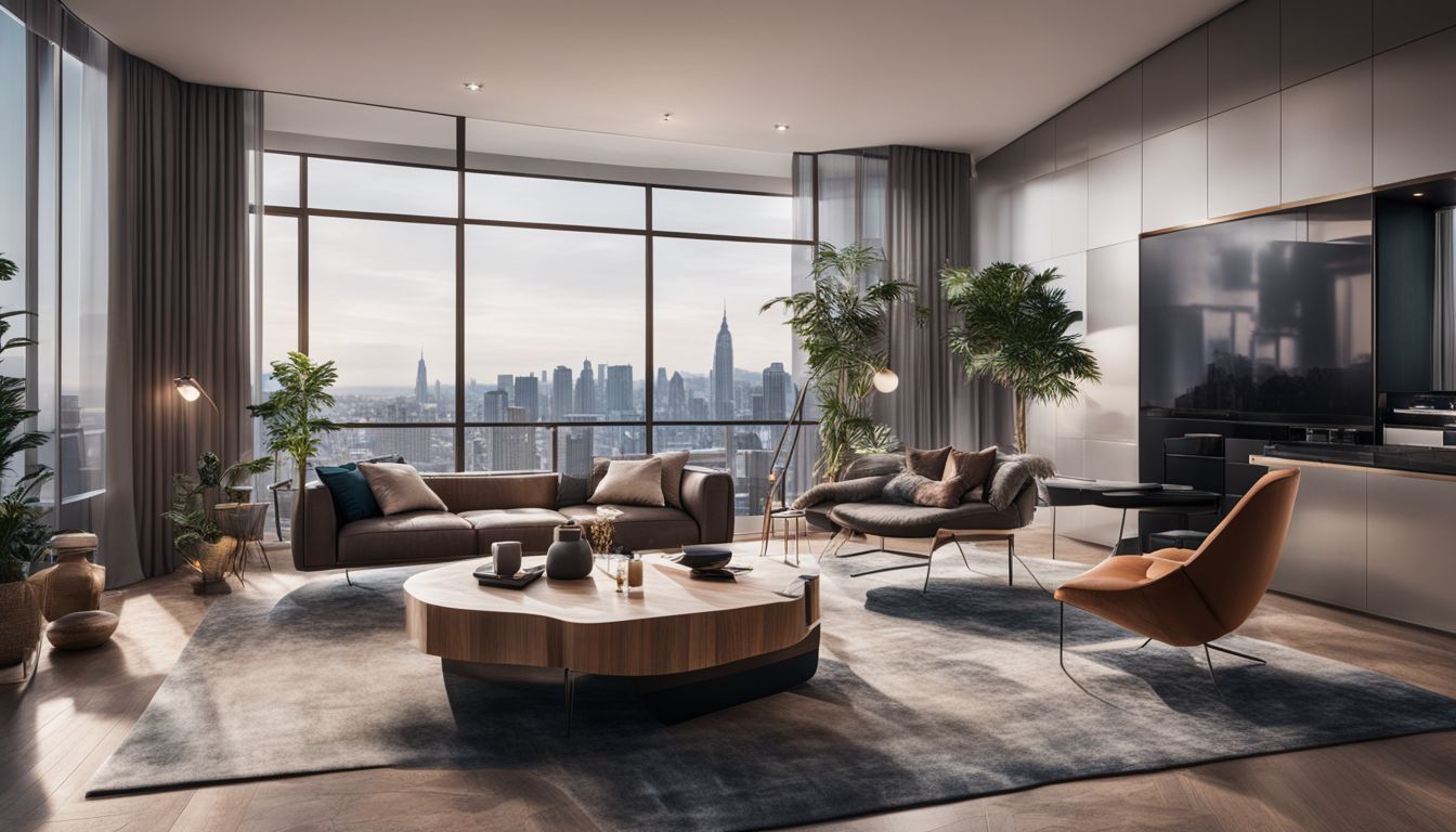 A modern living room with smart devices, a cityscape photograph, diverse people, stylish outfits, and high-quality image capture and publication.