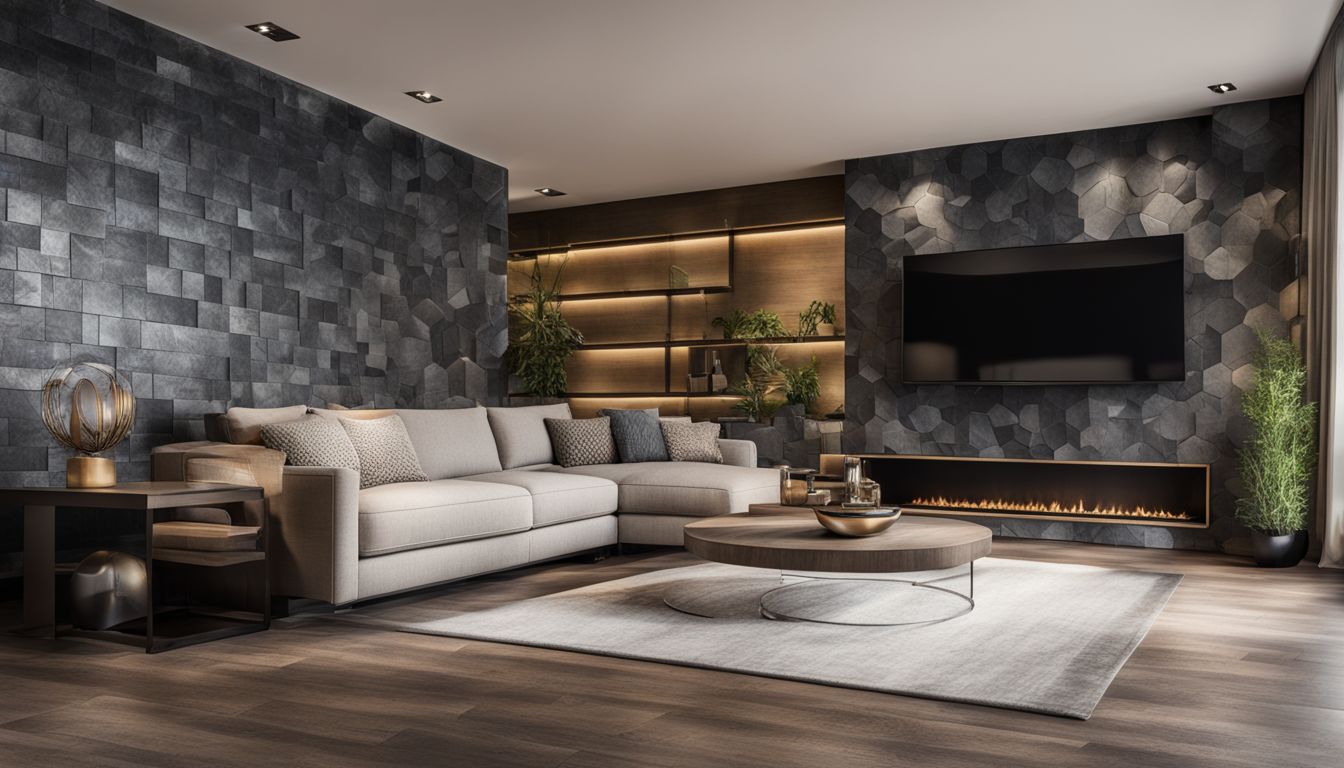 A photo of an elegant living room with modern interior design, showcasing Slate-ish wall tiles made from recycled paper.
