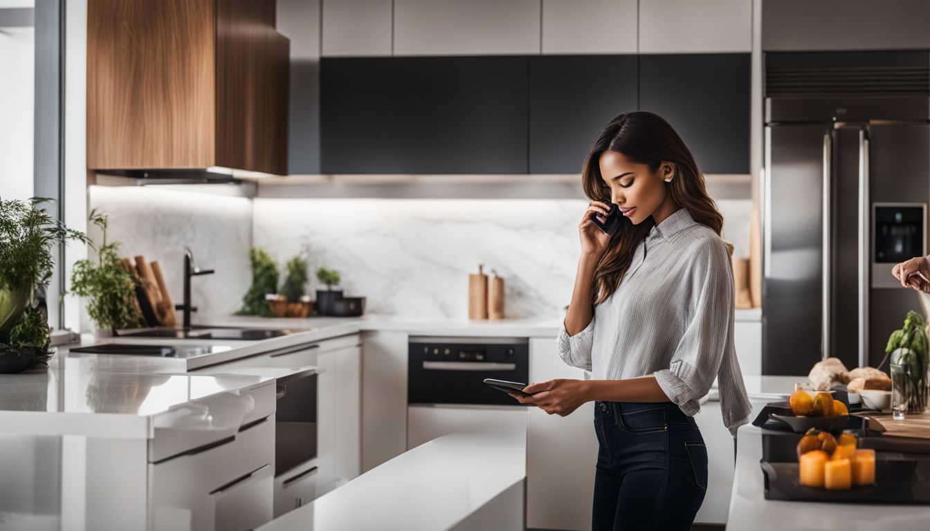 A modern kitchen with smart appliances controlled by a person using their smartphone, showcasing various hairstyles, outfits, and expressions.