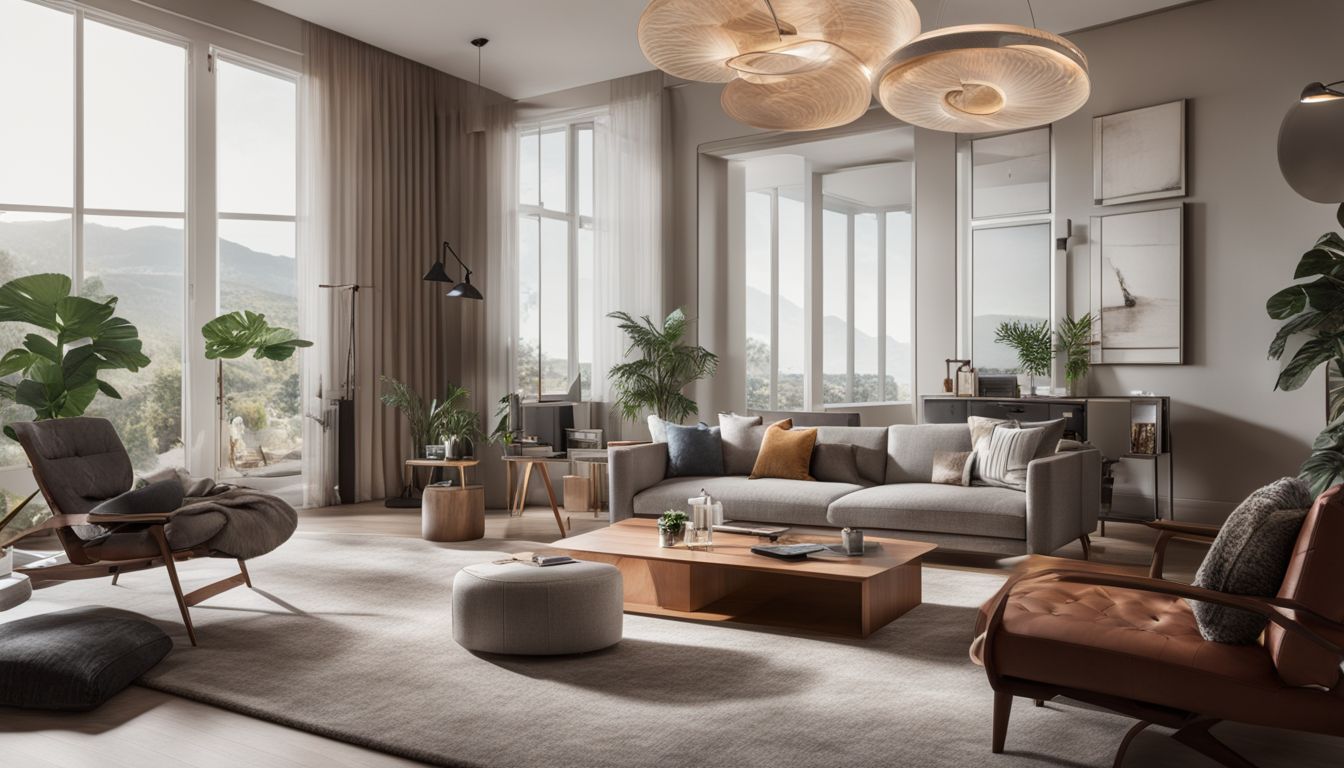 A modern living room with smart features, showcasing different styles and a bustling atmosphere.