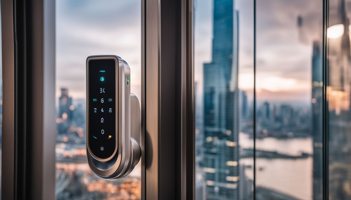 A futuristic smart lock installed on a modern door with various people and styles, captured in a vibrant cityscape photograph.
