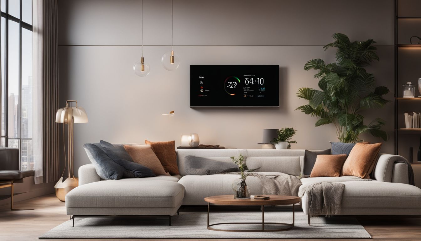 A modern living room with a smart thermostat, contemporary furniture, and diverse people.