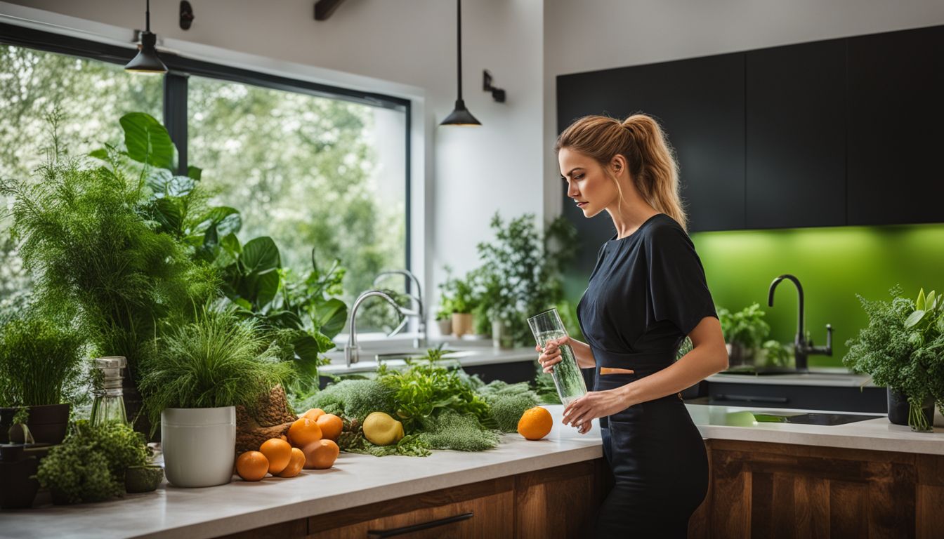 A photo of a Soma pitcher surrounded by plants in a modern kitchen, featuring diverse people and a bustling atmosphere.