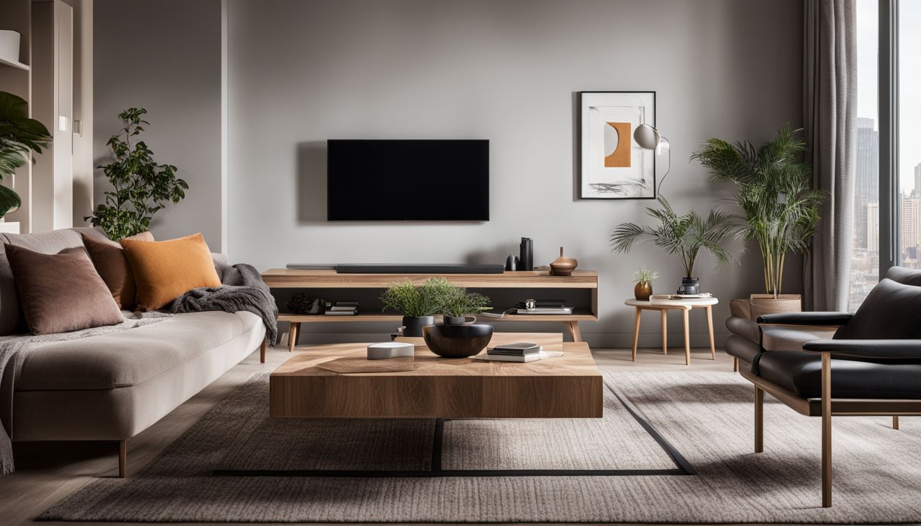 The image showcases a stylish living room with the Sonos Era 300 soundbar, alongside various cityscape and portrait photographs.