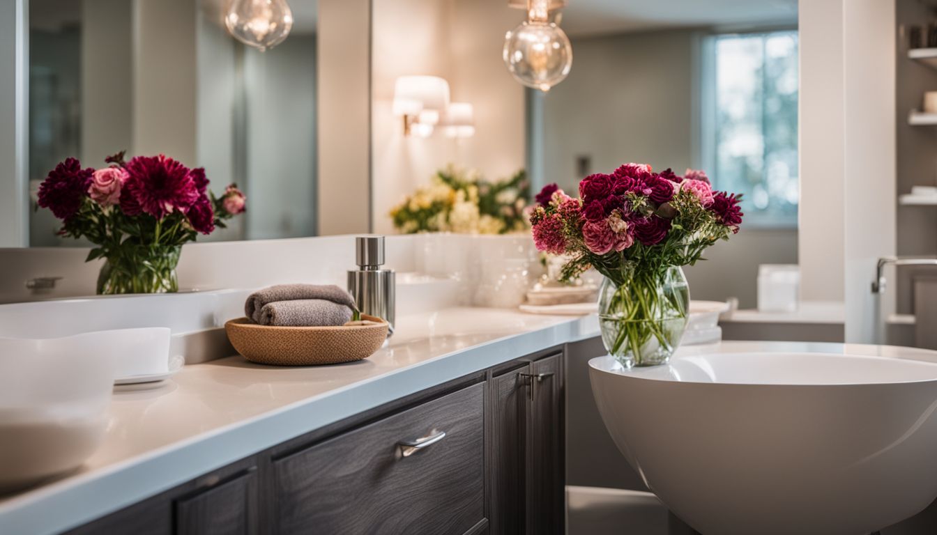 A beautiful bathroom with flowers and a diverse group of people.
