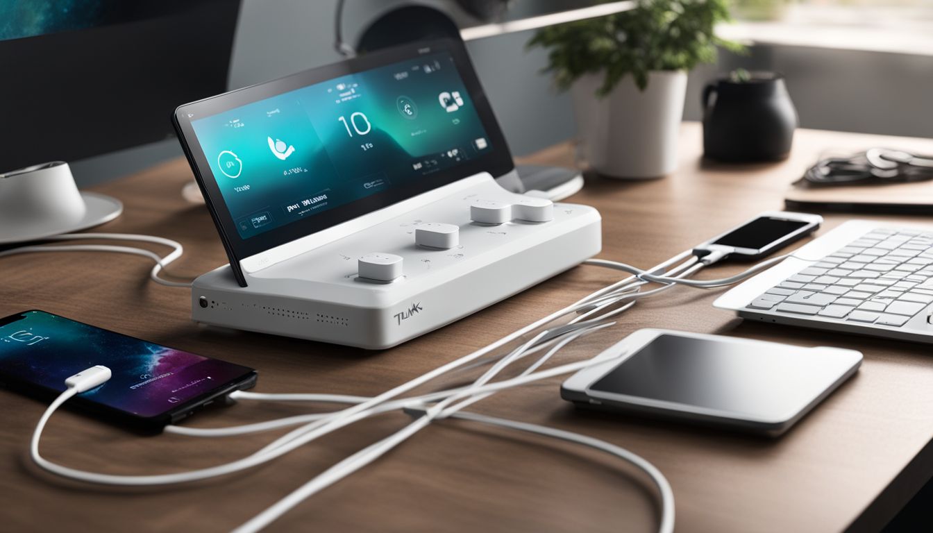 A photo of a TP-Link power strip on a desk with electronic devices, surrounded by a diverse crowd and cityscape.