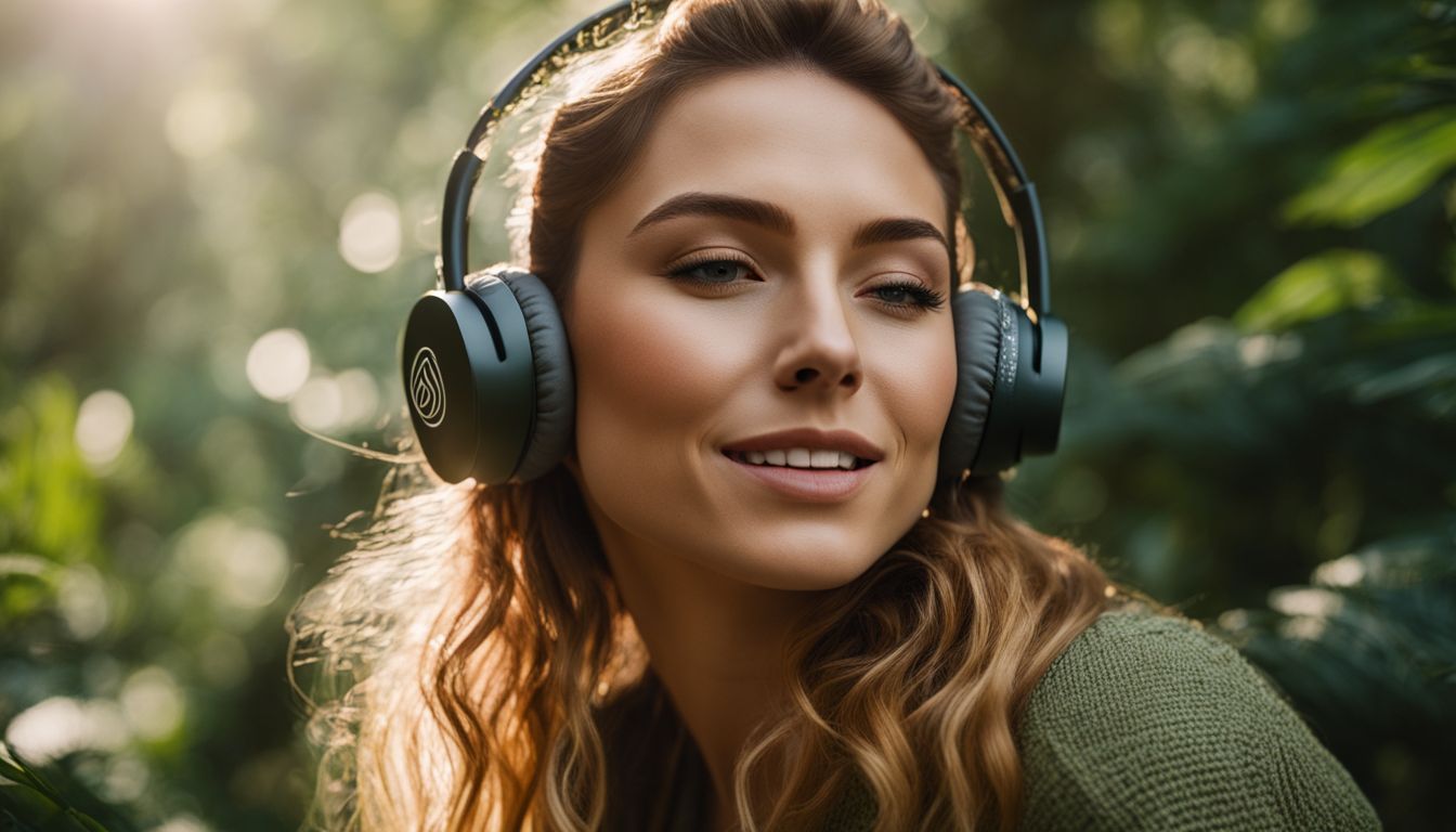Photo of a person wearing House of Marley earbuds, enjoying music in nature surrounded by lush greenery.