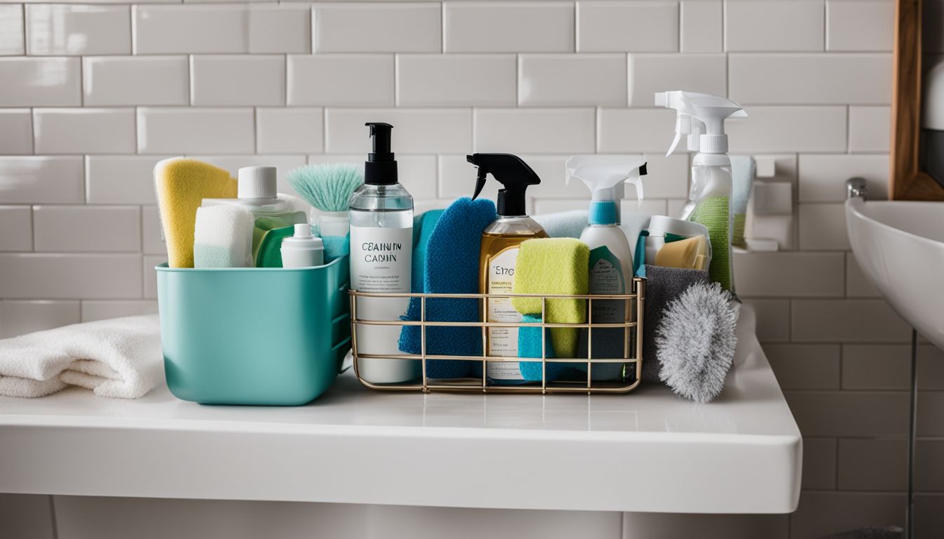 Neatly organized cleaning supplies in a sparkling bathroom with varied people.