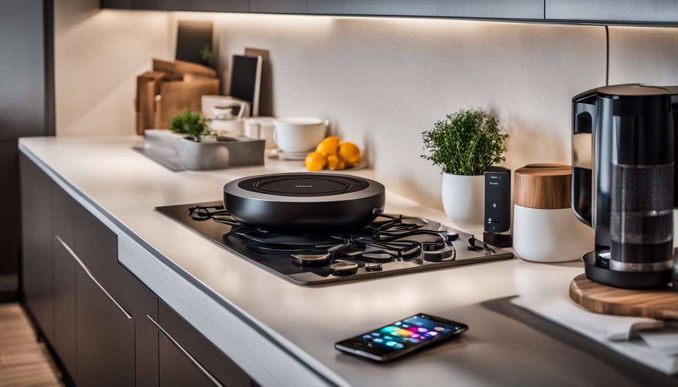 A photo of neatly arranged smart home devices on a kitchen countertop with a diverse group of people.