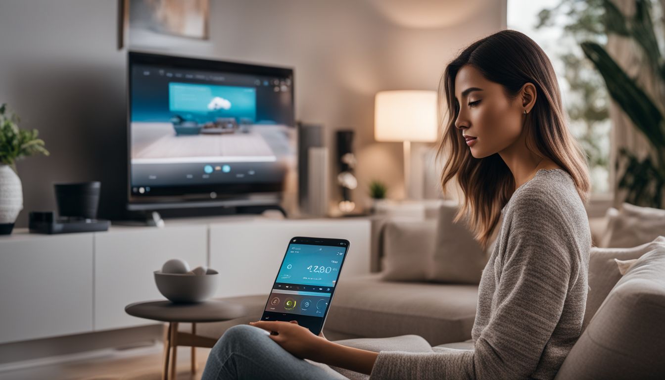 A woman is using smart home gadgets in a modern living room with various hairstyles, outfits, and a bustling atmosphere.
