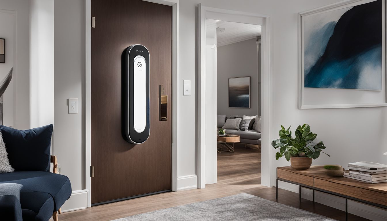 The Ultraloq U-Bolt Pro Smart Lock installed on a modern door with a minimalist interior design.