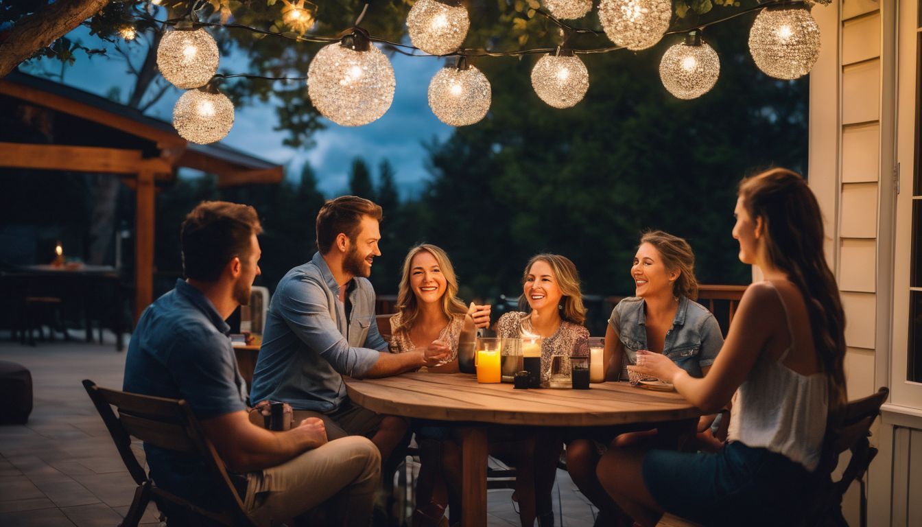 A diverse family enjoying outdoor lights on their patio with the help of the Wyze Plug Outdoor.